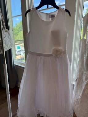 Us Angels White Satin & Tulle Flower Waist Formal Dress